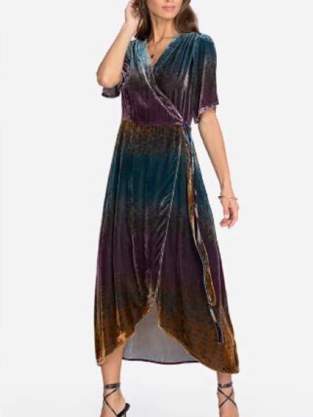 Johnny Was XS Velvet Ombre Leopard Animal Print Short Sleeve Midi Wrap Dress
